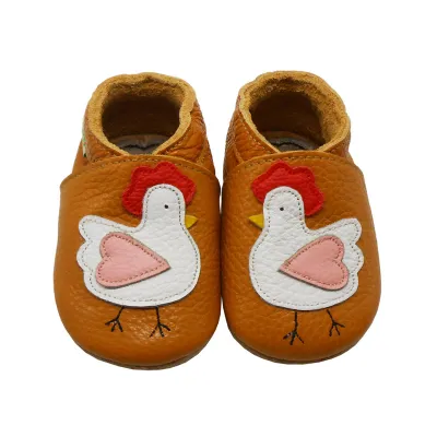 Produktbild von SAYOYO® Baby Krabbelschuhe Echtleder, weiche Lauflernschuhe Mädchen & Jungen, rutschfeste Sohle,atmungsaktiv, Hühnermotiv, Gelb, Gr. XL (18–24 Monate)