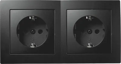 A close-up, front-facing view of a black double electrical socket.