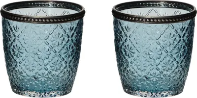 Produktbild von 2tlg. Windlicht BLÜTE blau aus Reliefglas mit Metallrand Teelichthalter floral