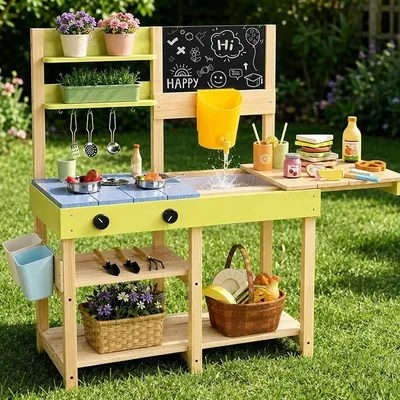Produktbild von Matschküche Kinder Outdoor, Holz-Spielküchenset mit Abnehmbarer Spüle, Kreidetafel, Gartenspielzeug & Edelstahl-Kochzubehör, Matschküche Zubehör für Kinder ab 3 Jahren