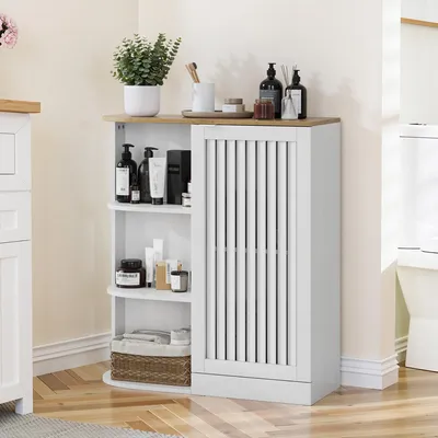 Image de MODFU Armoire d’Angle - Meuble de Rangement Salle de Bain avec Étagères Ouvertes et Portes Rabattables, MDF, Blanc, 68x25x76 cm