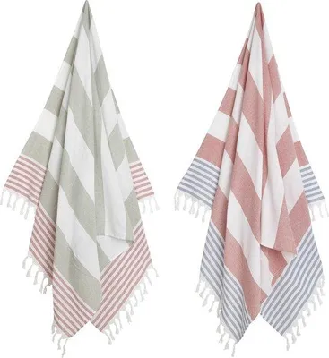 Produktbild von 2x Hammam Handtuch XL - Kombi - Grau/Rot/Blau - Strandtuch - Baumwolle - Schwimmbad - Schal - Badetuch - Yoga - Streifen - 100 x 180 cm