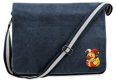 Produktbild von Huuraa Umhängetasche Quietscheente Joker Gummiente Hofnarr 14 Liter Vintage Navy Canvas Laptoptasche Geschenkidee