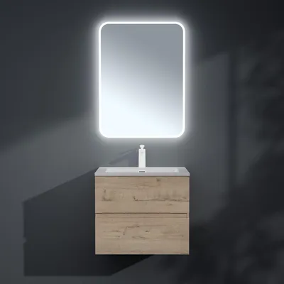 Produktbild von Mai & Mai Badmöbel-Set Waschbeckenunterschrank 60x48x50cm in Eiche Greige 2-Schubladen mit Soft-Close inkl. Waschbecken/LED-Badspiegel Aqualis