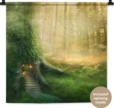 Produktbild von MuchoWow® Wandteppich Wandbehang Haus - Wald - Bäume 60x60 cm Tapisserie Dekoration Wandtuch - Dekorationen - Wand Decke