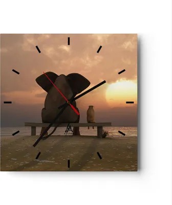 Produktbild von Wanduhr - Quadrat - Glasuhr - Elefant Ufer Meer - 30x30cm - Schleichendes Uhrwerk - Lautlos - zum Aufhängen bereit - Dekoration Modern - Wanddekoration aus Glas - C3AC30x30-3555