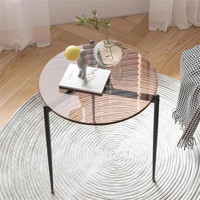 Produktbild von Vrygle Couchtisch Rund Glas Ø50 cm–Goldener Wohnzimmertisch mit Glasplatte, Moderner Sofatisch Nordisch, Beistelltisch, Bernstein