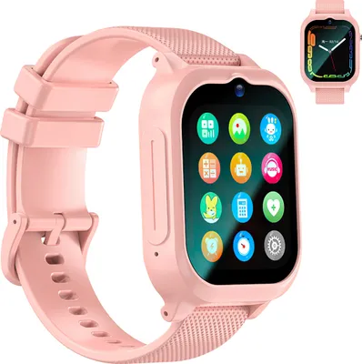 A pink smartwatch with a colorful interface is shown against a white background. A smaller inset image shows another view of the same watch.