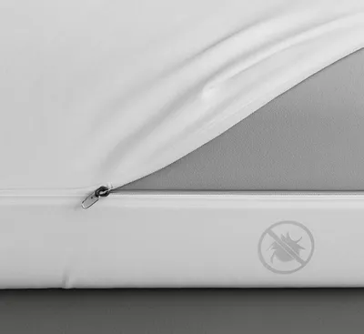 A close-up view of a white mattress encasing with a zipper and an anti-bug symbol.