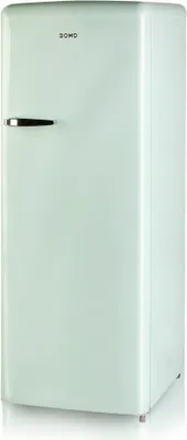 A light green retro-style refrigerator is shown against a white background.