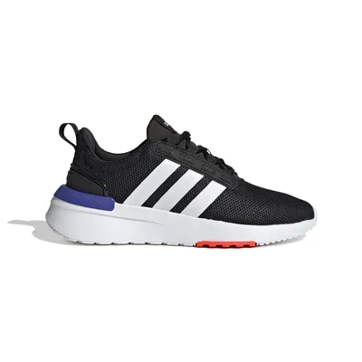 A black Adidas running shoe with white stripes and blue and red accents on a white background.