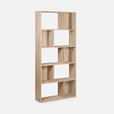 A tall, narrow bookshelf with multiple compartments, shown against a plain white background.