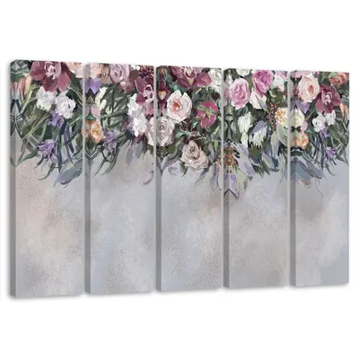 Produktbild von 5-teiliges leinwandbild überwucherte blumen 100x70 cm Feeby silber wandbild bereit zum aufhängen