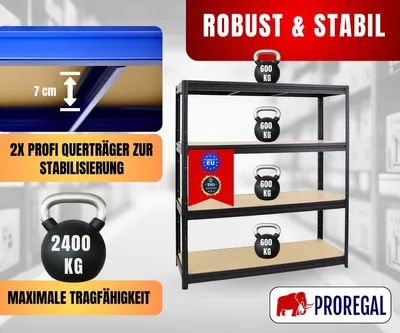 Produktbild von Schwerlastregal DINO | HxBxT 180x160x60cm | 4 MDF-Platten-Ebenen 6,5 mm | Fachlast 600kg | Schwarz