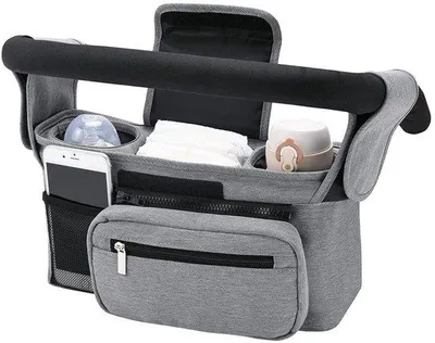 Produktbild von Kinderwagentas mit Isolierbecherhalter - universell - mit Rucksackfach - schwarz/graue Farbe - 33x10x6cm - für Baby und Kleinkind