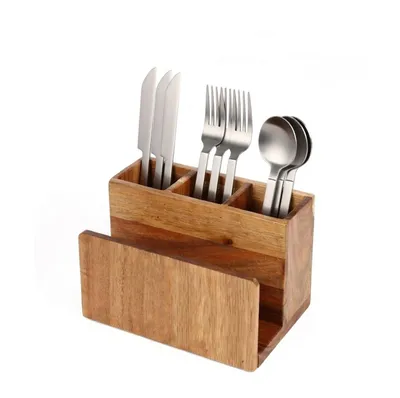 Image de Support à couverts en bois avec 3 compartiments pour couverts et un compartiment pour les serviettes, idéal pour la cuisine et le jardin