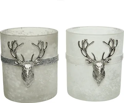 Produktbild von Teelichthalter Glas mit Hirsch 10cm weiß / grau, 1 Stück sortiert