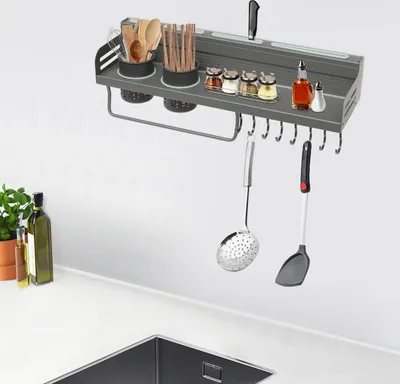 Image de étagère à épices murale de 50 cm avec 8 crochets Étagère de cuisine en métal gris