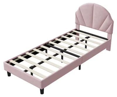 Productafbeelding van Kinderbed - Gestoffeerd éénpersoonsbed 90 x 200 cm - Gestoffeerd hoofdeinde - Lattenbodem - Houten frame - Zonder matras - Roze