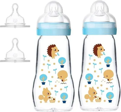 Obrázok produktu pre Sada sklenených fliaš na vodu pre novorodencov – 2 x 260 ml – obsahuje otvárač na 4 stranách