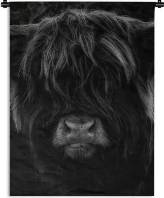 Produktbild von MuchoWow® Wandteppich Wandbehang Schottischer Highlander - Kuh - Porträt - Tiere - Schwarz - Weiß 90x120 cm Tapisserie Dekoration Wandtuch - Wanddeko
