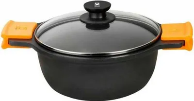 A black pot with orange handles and a clear lid.