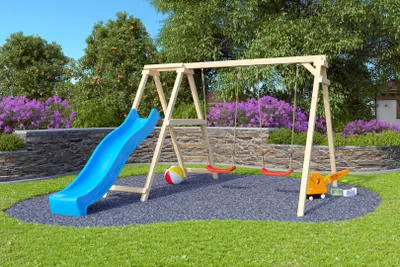 Produktbild von Karibu Doppelschaukel Felix mit Klettergerüst und Rutsche blau