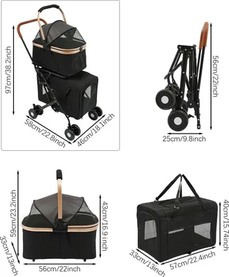 Immagine prodotto di Passeggino per animali domestici - Carrello per cani e gatti - A due piani - Cestini rimovibili - Cestino trasportabile convertibile - Per più animali domestici di piccola taglia - Viaggi e passeggiate - Nero