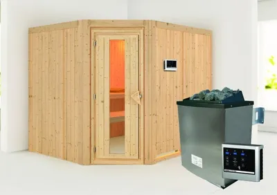 Produktbild von Karibu Sauna Innensauna Malin Eckeinstieg Ofen 9 KW externe Strg easy 231x196x198 cm ohne Dachkranz mit Energiespartür