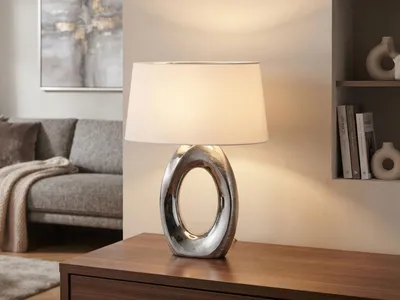 Produktbild von Tischlampe - Silbergrau - Weiß - Keramik - Stoffschirm - H 52 cm