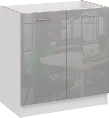 A two-door cabinet with reflective gray doors, set against a blurred background of an office or meeting room.