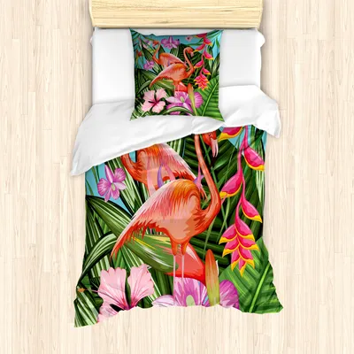 Produktbild von ABAKUHAUS Flamingo Mantele, Hibiscus Tropic Blume, Milbensicher Allergiker geeignet mit Kissenbezügen, 135 cm x 200 cm - 80 x 80 cm, Grün, Rosa, Blau