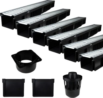 Produktbild von Entwässerungsrinne Schwarz Verzinkt 6 Meter – Komplettset