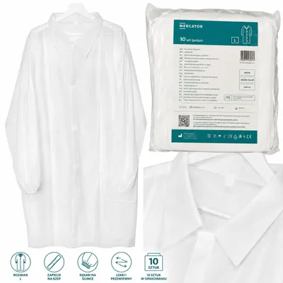 Obrázok produktu pre Jednorazové ochranné oblečenie Mercator, biela farba, 10 kusov. Ochranný laboratórny plášť, productTiles.product.images.aiGenerated