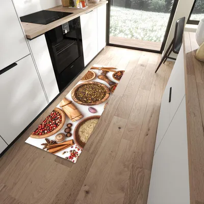 Produktbild von Küchenläufer 60 x 180 cm Braun rutschfest & waschbar – Küchenteppich Gewürze und Mörser PVC Teppichläufer Küche