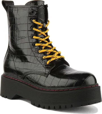 Produktbild von Replay Amity Frauen Schnürung Krokodil Druck Leder Plattform Stiefel Schwarz – 6 Großbritannien - 39 EU - 7 US / Schwarz