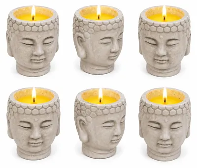 Productafbeelding van Kaarsen Set van 6 – Boeddha Gezicht – Cementen Pot – Buitenkaarsen voor Tuin, Balkon & Terras – 9 x 8 x 9,5 cm