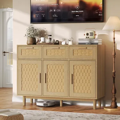 Produktbild von UnboxG Massivholz Sideboard Eiche 107,9x40x80 cm – Kommode mit 3 Schubladen & 3 Türen, Schrank Schlafzimmer Wohnzimmer Möbel, stabil und modern