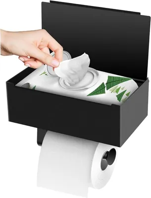 Obrázok produktu pre Držiak na toaletný papier s boxom na vlhčené utierky, nástenná montáž, nehrdzavejúca oceľ, čierny, do kúpeľne
