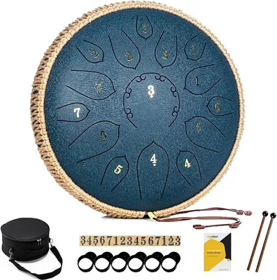 Produktbild von Zungentrommel 12 Zoll 15 Töne - Professionelles Steel Tongue Drum Handpan Set in D Dur inkl. Zungentrommel Liederbuch, Schlagzeug Sticks und Trommel Tragetasche (Dunkelblau)