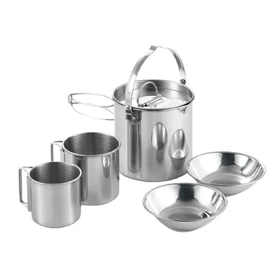 Produktbild von 5-teiliges Camping-Kochgeschirr-Set für den Außenbereich, tragbares Camping-Topf-Set, Edelstahl, Reisegeschirr, Kochzubehör