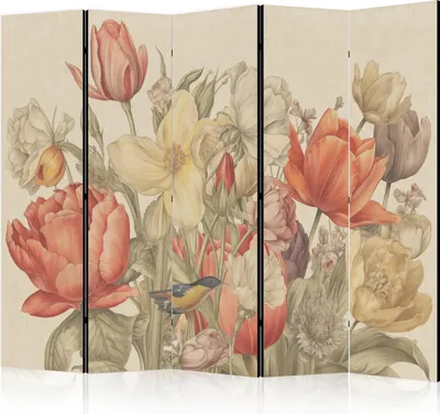 Produktbild von 5-teiliger Einseitiger Vlies Paravent - Bouquet with Tulips - Colorful Flowers on a Light Background - Illustration 225x172 cm Blumen b-H-10034-z-b