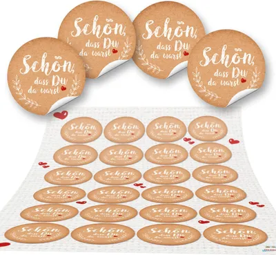 Produktbild von Schön, dass du da bist Sticker in Kraftpapier-Optik braun weiß 4 cm 24 Aufkleber / 1 Bogen24 Aufkleber / 1 Bogen