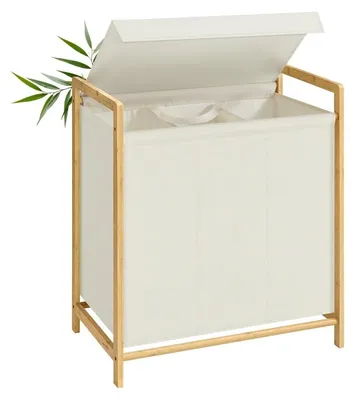Immagine prodotto di Cesto per la biancheria con struttura in bambù e due scomparti | Bianco crema | 40x65x78 cm