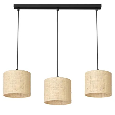 Immagine prodotto di Lampada a sospensione Jovin con tre paralumi in rattan, lineare