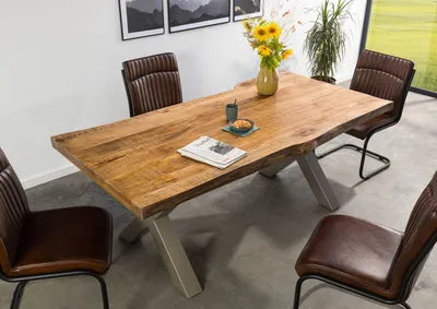 Produktbild von MASSIVMOEBEL24 Baumtisch Mango 200x100x77 natur lackiert / X-Beine silber matt FREEFORM 5