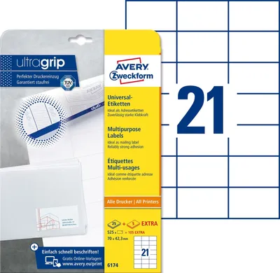 Produktbild von Universal-Etiketten ultragrip 70x42,3 mm VE=30x630 Etiketten / 30 Bogen weiß