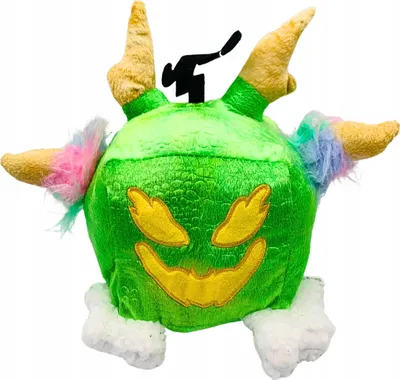 A plush toy of a green, round creature with yellow eyes and mouth, tan horns, and colorful accents on its arms and horns, set against a white background.