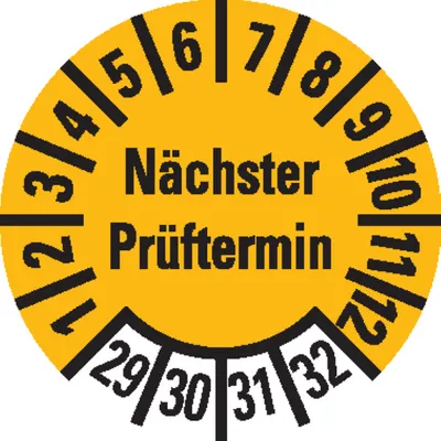 Produktbild von Dreifke® Prüfplakette, Nächster Prüftermin 29-32, gelb, Dokumentenfolie, Ø 10...