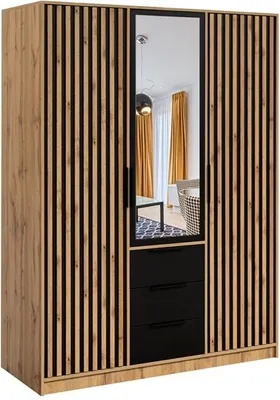 Obrázok produktu pre BETTSO Šatníková skriňa s ozdobnými lištami s 3 zásuvkami a tyčou na šaty BALL LUX D3 Black+Oak Wotan